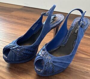 WHBM Woman's Sling Back High Heels size 6.5 blue 4in peep toe suede snake skin